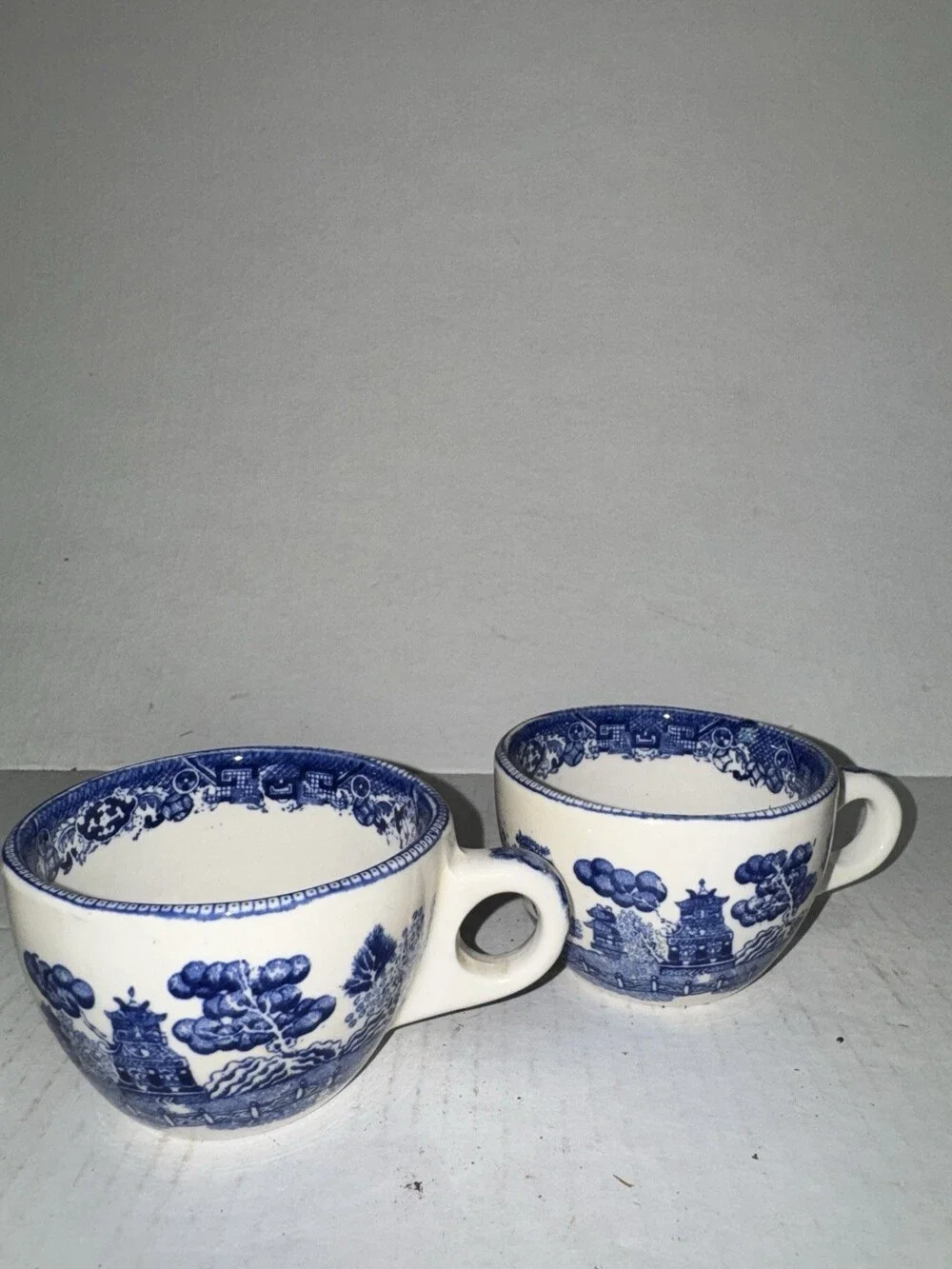 Vintage Blue Willow China Cups Pair Loop Handles Pagoda Blue White Tea Cups
